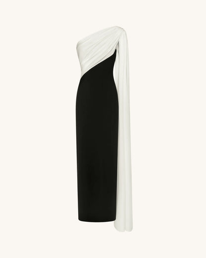 One Shoulder Draped Maxi Dress - Black White