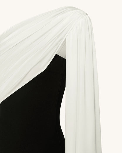 One Shoulder Draped Maxi Dress - Black White