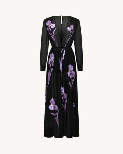 Iris Floral Print Long-Sleeve Sheer Gown - Black/Purple