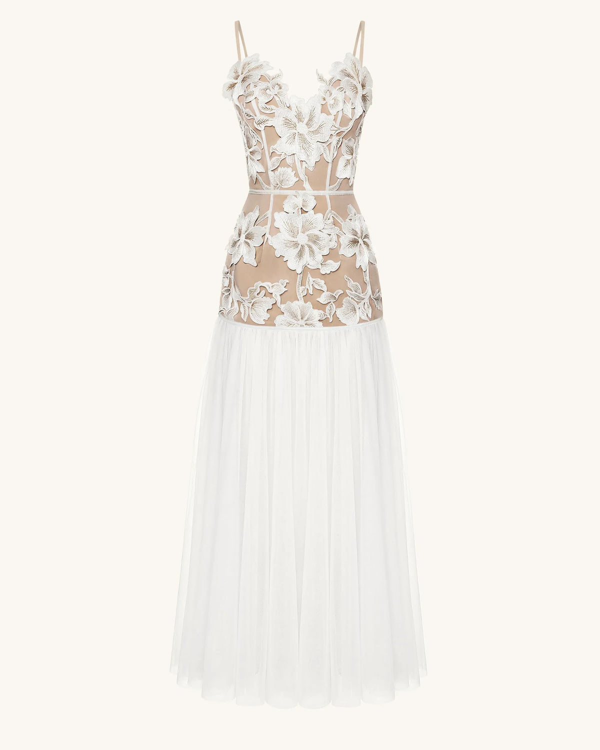 Floral Appliqué Sheer Tulle Maxi Dress - White