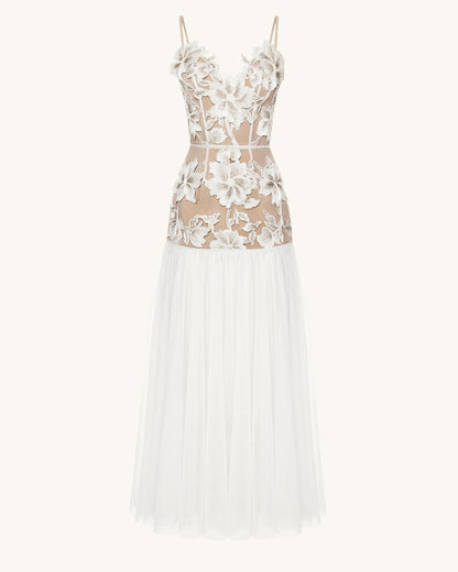 Floral Appliqué Sheer Tulle Maxi Dress - White