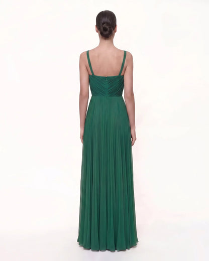 Iris Embroidered Pleated V-Neck Maxi Dress - Emerald Green