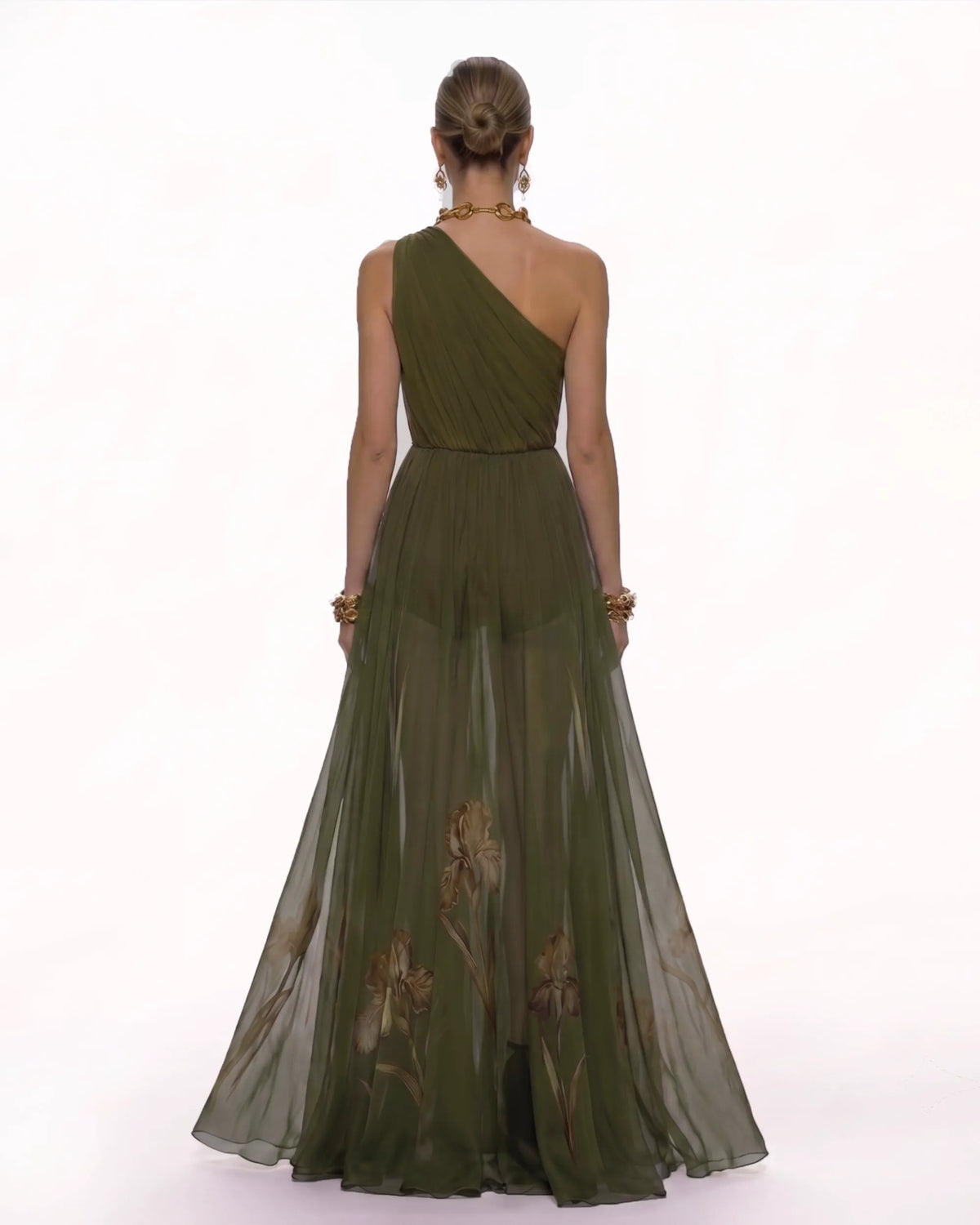 Floral One Shoulder Maxi Dress - Olive Green