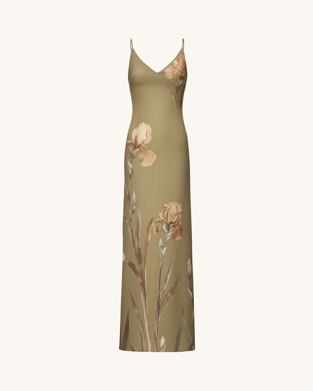 Iris Motif Satin Slip Gown - Olive Green