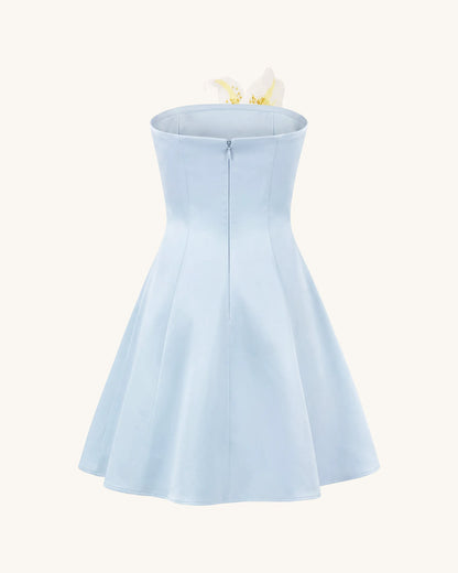 Lily Floral Print Strapless A-Line Mini Dress - Light Blue