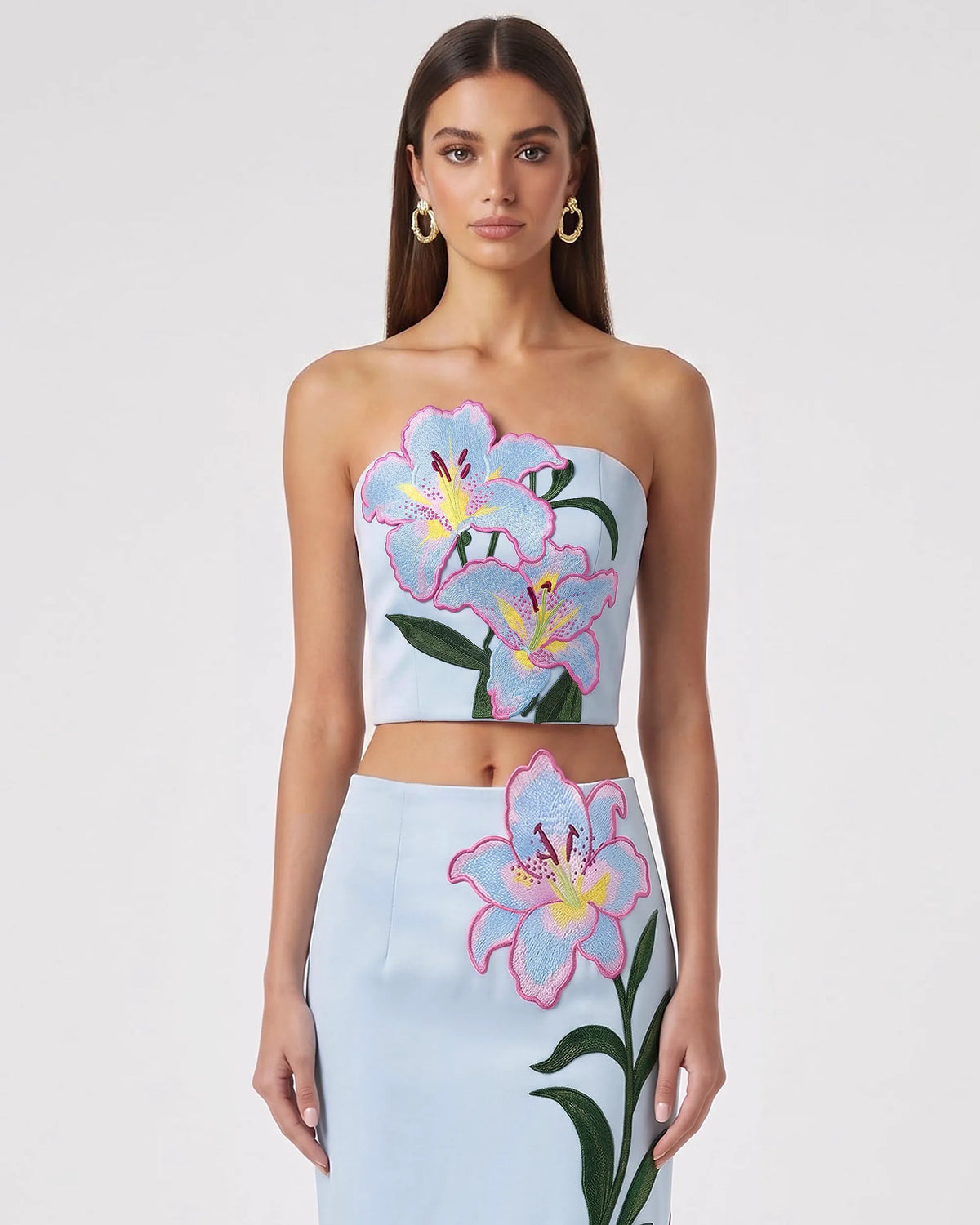 Lily Floral Embroidered Strapless Corset Top - Light Blue