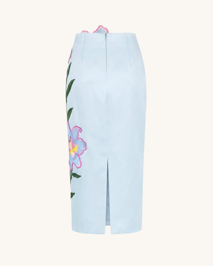 Lily Floral Embroidered High Waist Pencil Midi Skirt - Light Blue