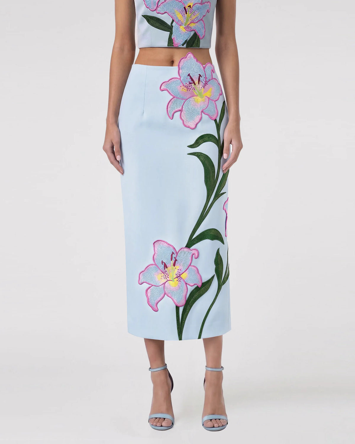 Lily Floral Embroidered High Waist Pencil Midi Skirt - Light Blue