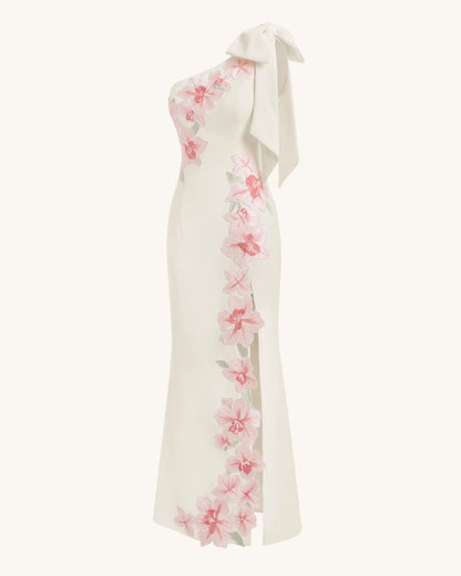 Flower Embroidered One-Shoulder Maxi Dress - Ivory