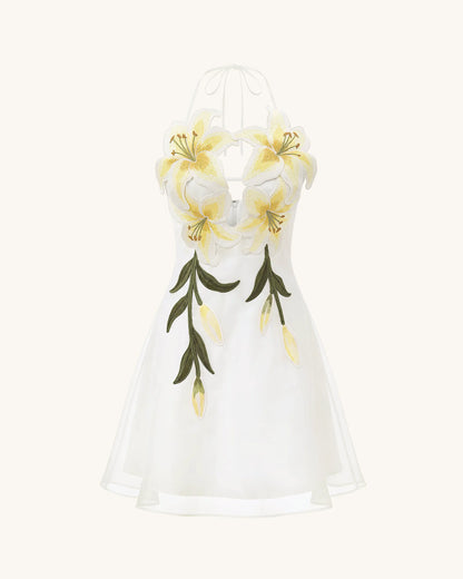 Lily-Embroidered Halter Mini Dress - White