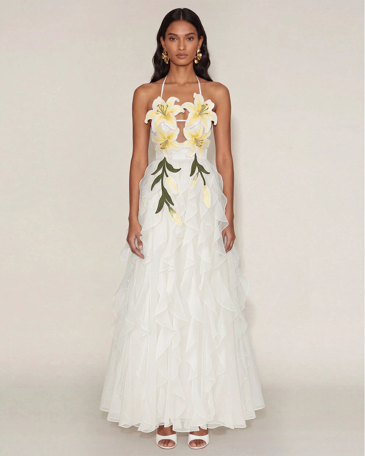 Lily-Embroidered Embroidered Halter Tiered Maxi Dress - White