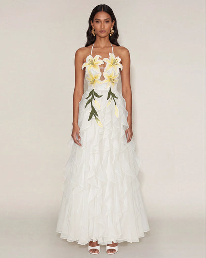 Lily-Embroidered Embroidered Halter Tiered Maxi Dress - White