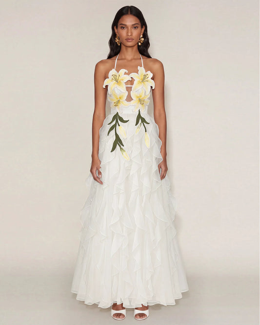 Lily-Embroidered Embroidered Halter Tiered Maxi Dress - White