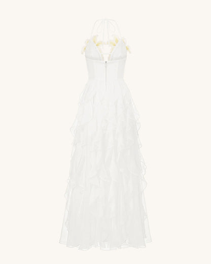 Lily-Embroidered Embroidered Halter Tiered Maxi Dress - White