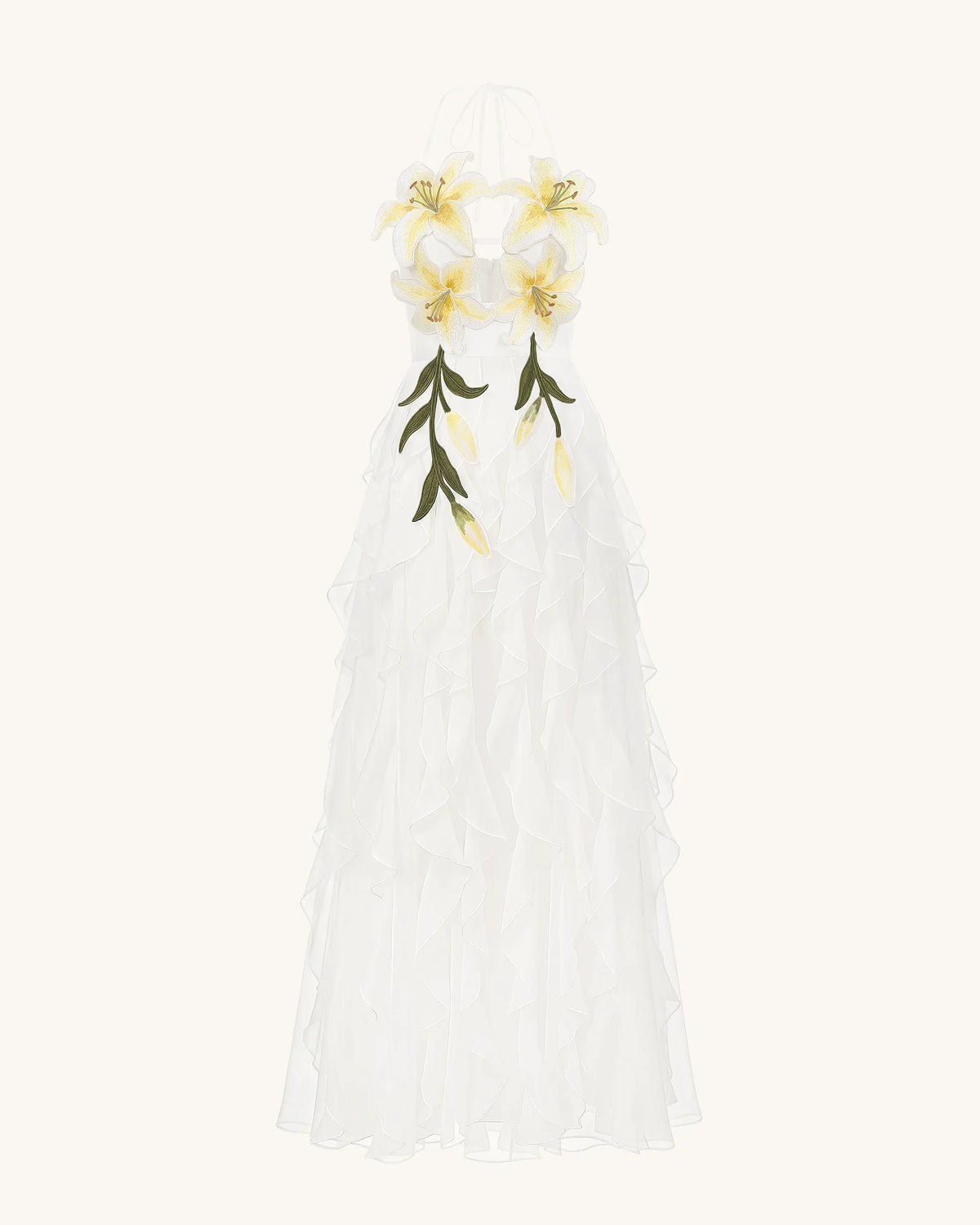 Lily-Embroidered Embroidered Halter Tiered Maxi Dress - White