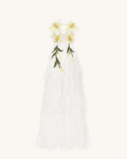 Lily-Embroidered Embroidered Halter Tiered Maxi Dress - White