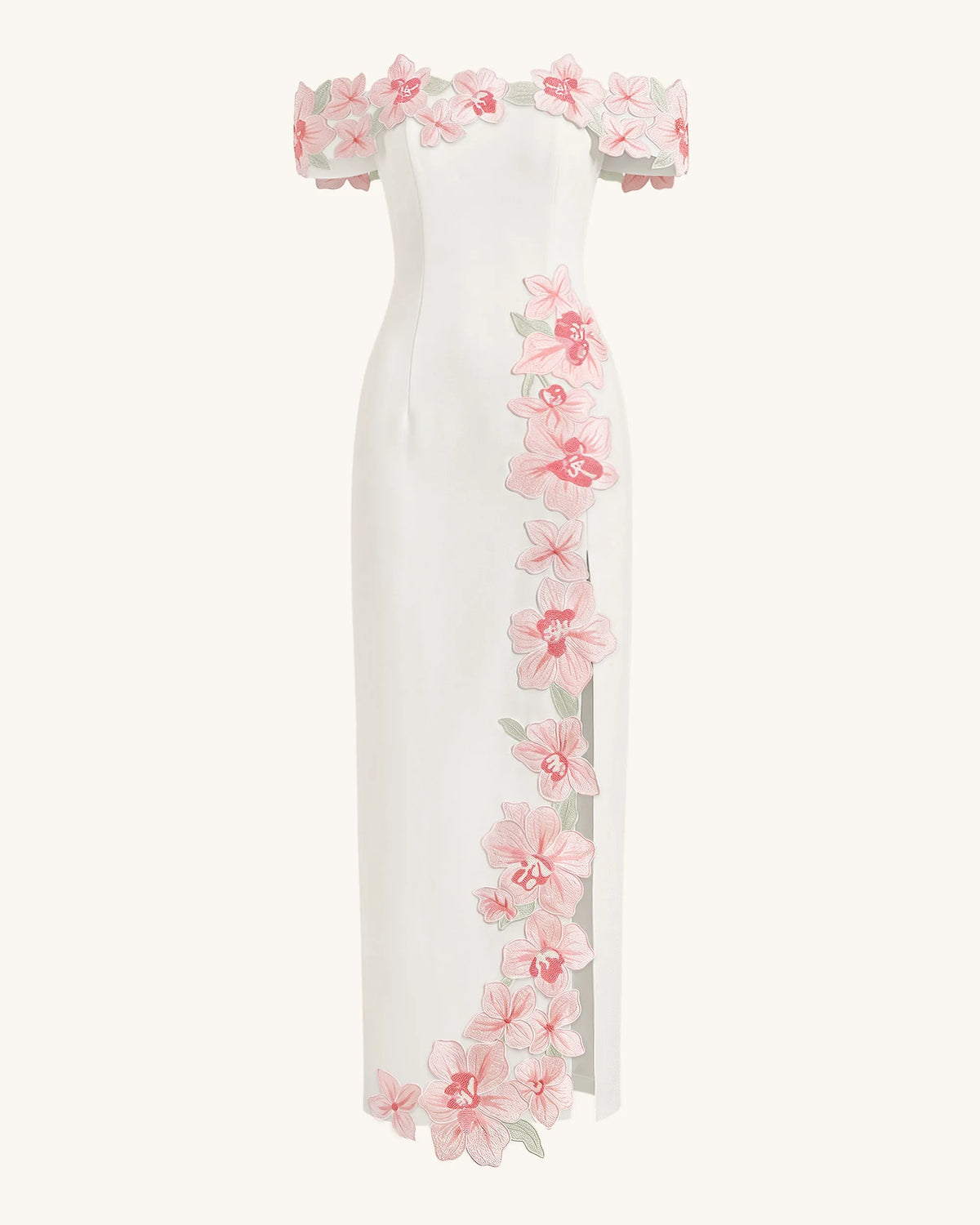 Flower Embroidered Off-Shoulder Maxi Dress - Ivory