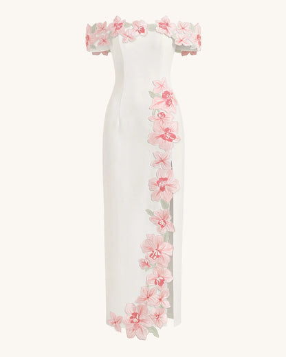 Flower Embroidered Off-Shoulder Maxi Dress - Ivory
