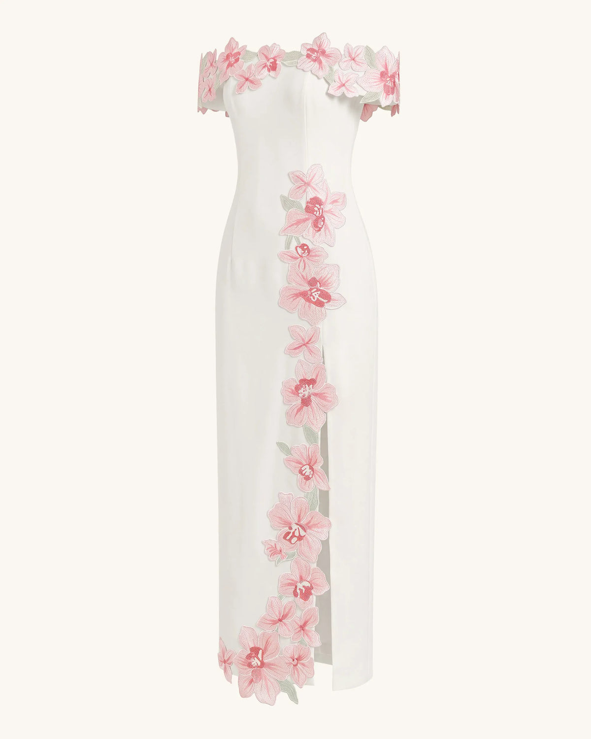 Flower Embroidered Off-Shoulder Maxi Dress - Ivory