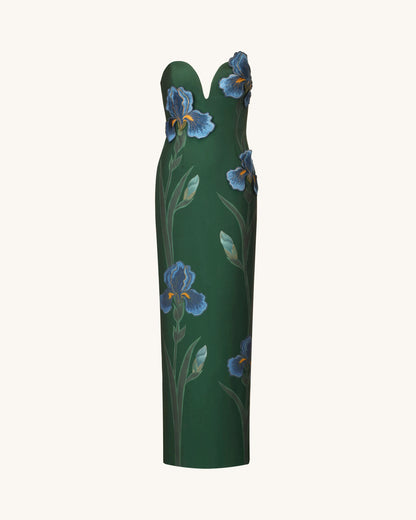 Iris Embroidered Notch Neck Strapless Maxi Dress - Emerald Green