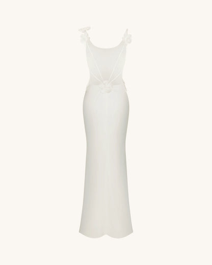 3D Floral Appliqué Satin Dress - White