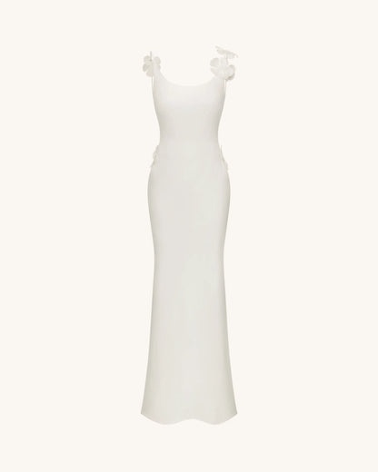 3D Floral Appliqué Satin Dress - White