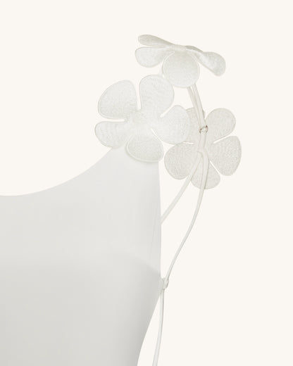 3D Floral Appliqué Satin Dress - White