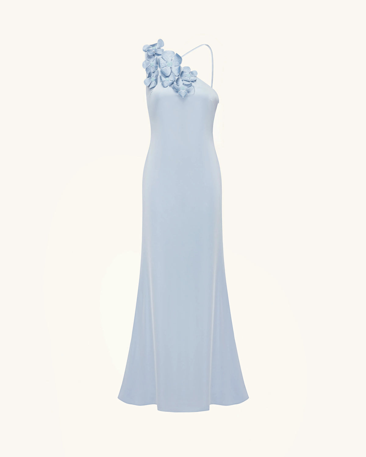 Floral Appliqué One Shoulder Maxi Dress - Light Blue