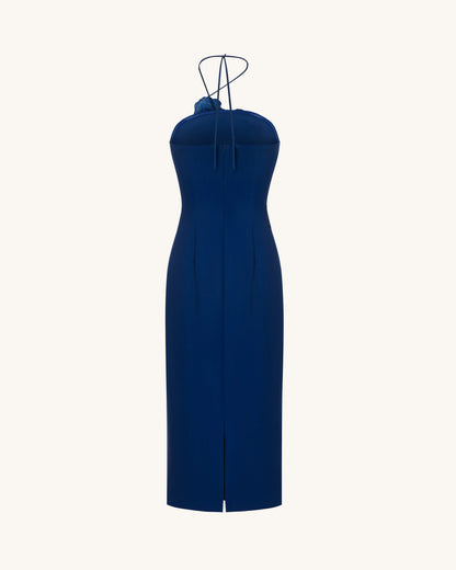 Iris Embroidered Halter Midi Dress - Navy Blue
