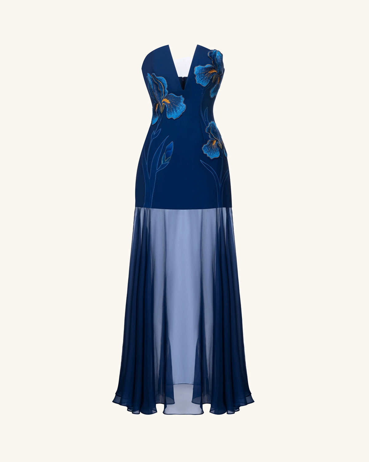 Iris Embroidered Plunge Sheer Overlay Maxi Dress - Navy Blue