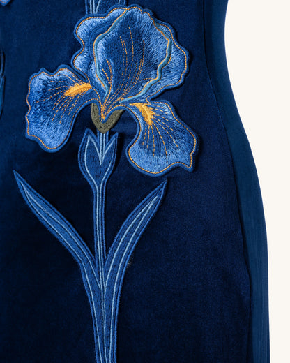 Iris Embroidered Velvet One Shoulder Maxi Dress - Navy Blue