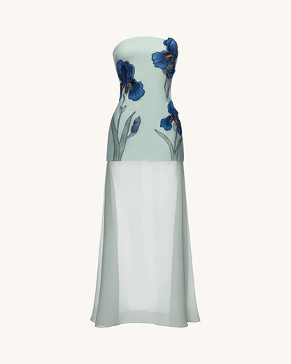 Iris Embroidered Strapless Sheer Overlay Maxi Dress - Sage Green