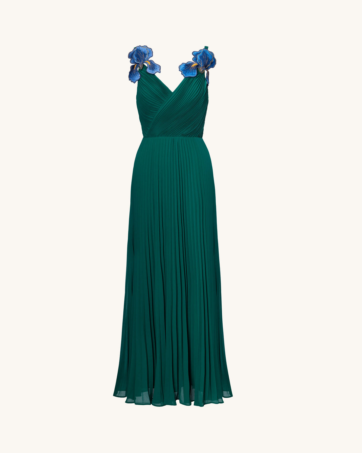 Iris Embroidered Pleated V-Neck Maxi Dress - Emerald Green