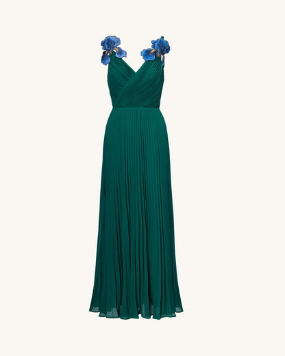 Iris Embroidered Pleated V-Neck Maxi Dress - Emerald Green