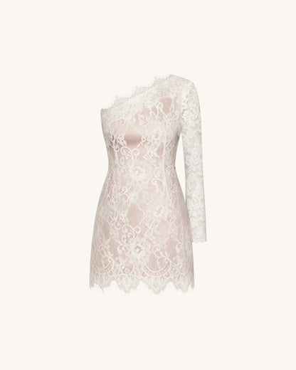 One Shoulder Lace Mini Dress - White