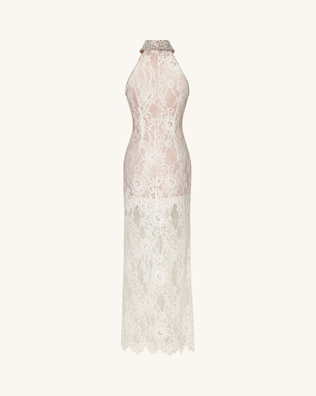 Jeweled Lace Halter Dress - White