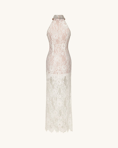 Jeweled Lace Halter Dress - White