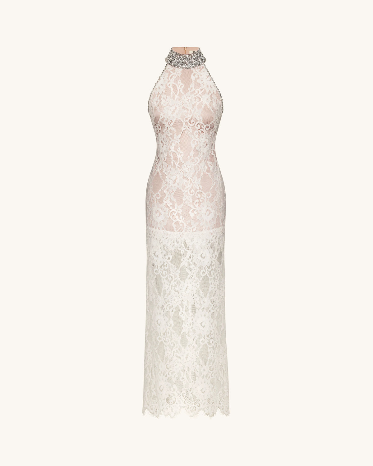 Jeweled Lace Halter Dress - White