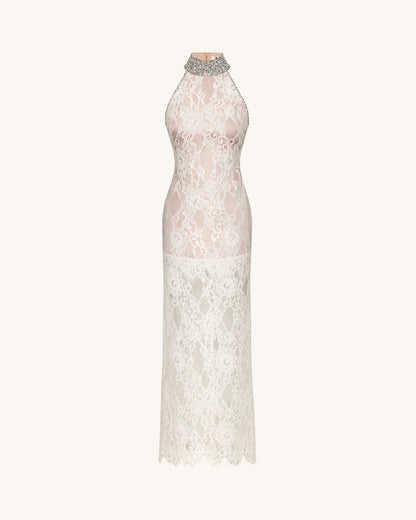 Jeweled Lace Halter Dress - White