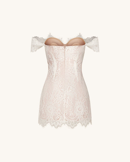Off Shoulder Lace Mini Dress - White