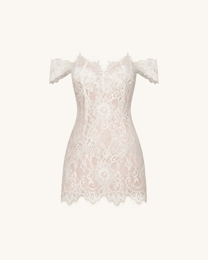 Off Shoulder Lace Mini Dress - White