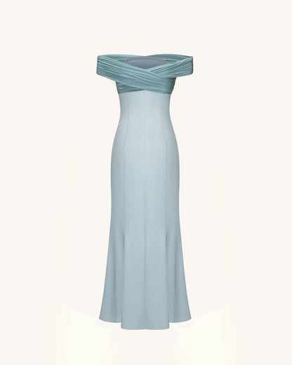 Pleated Cross-Halter Satin Maxi Dress - Dusty Blue