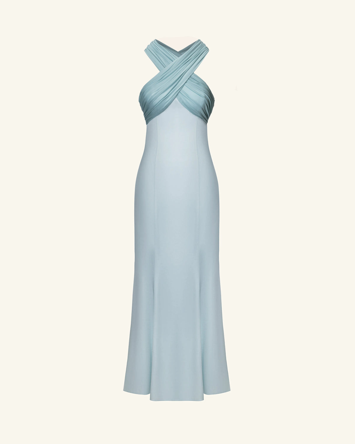 Pleated Cross-Halter Satin Maxi Dress - Dusty Blue