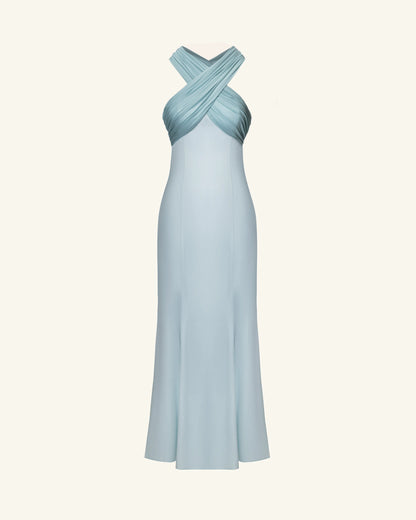 Pleated Cross-Halter Satin Maxi Dress - Dusty Blue