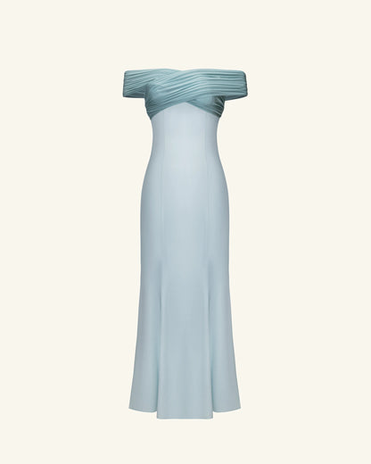 Pleated Cross-Halter Satin Maxi Dress - Dusty Blue