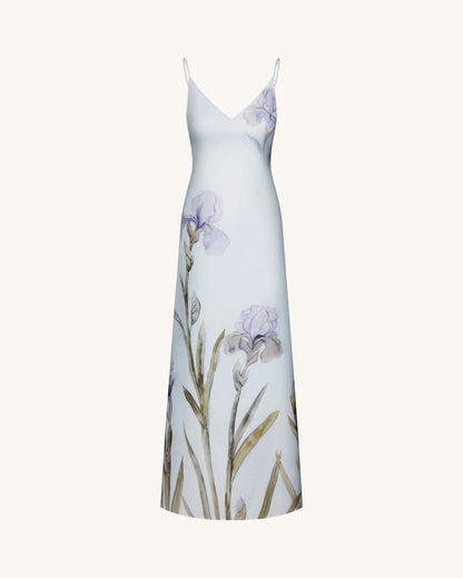 Iris Motif Satin Slip Gown - Light Blue