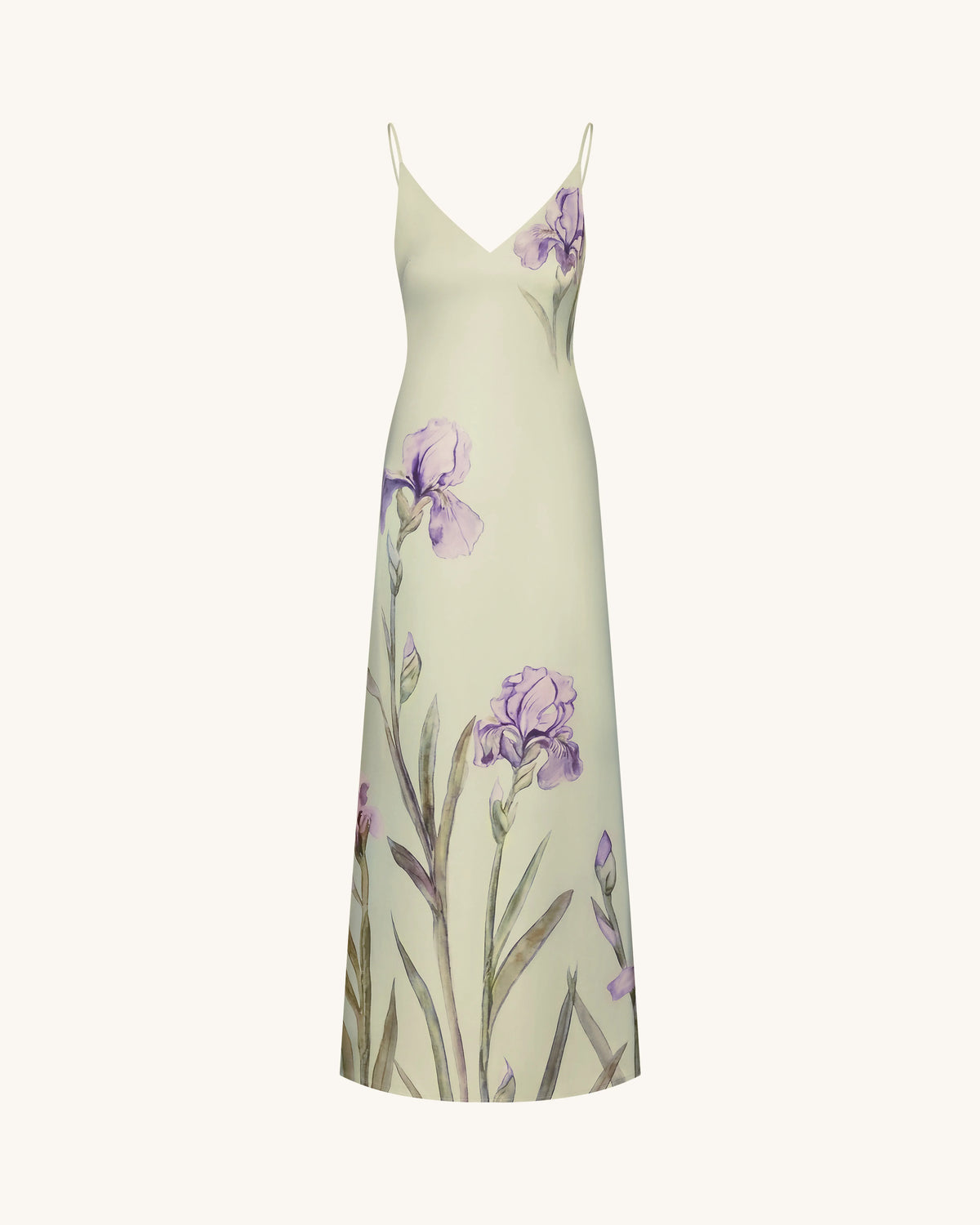 Iris Motif Satin Slip Gown - Light Green/Purple
