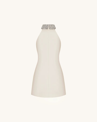 Jeweled Halter Iris Motif Dress - Ivory/Pink