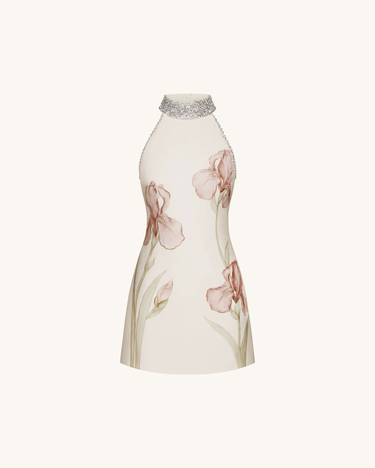 Jeweled Halter Iris Motif Dress - Ivory/Pink