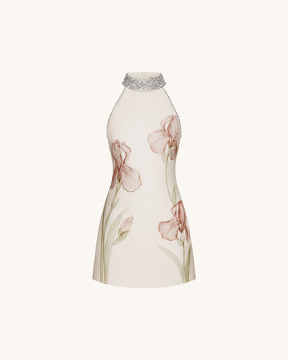 Jeweled Halter Iris Motif Dress - Ivory/Pink